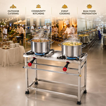 Gurubhai Equipments Stainless Steel Folding Single Burner Gas Stove – Portable Bhatti Range with Side Wall & Control Valve | Ideal for Outdoor Catering, Food Stalls & Commercial Use