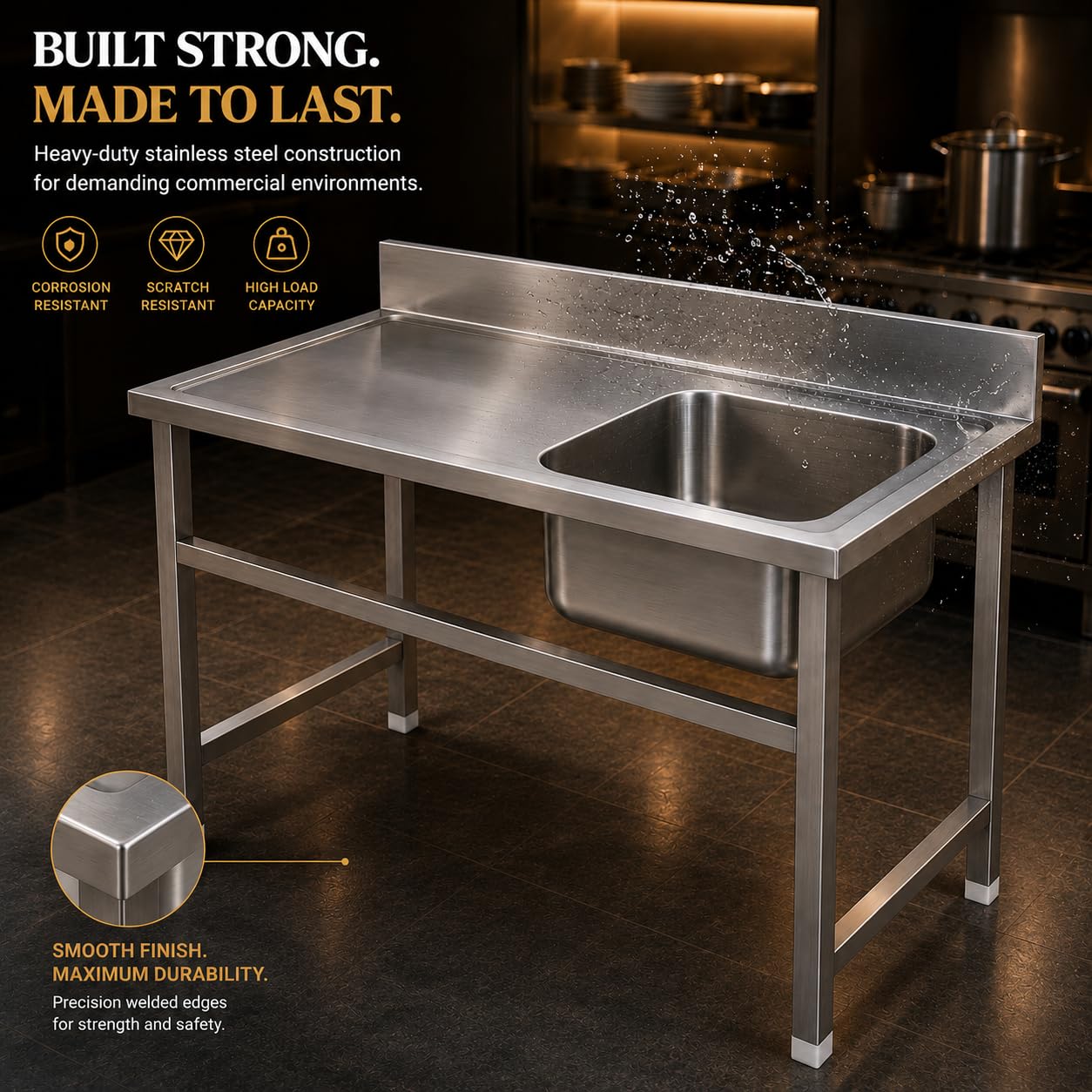 Gurubhai Equipments Stainless Steel Sink Table with Right Side Sink & Worktop | Heavy-Duty Commercial Kitchen Sink with Backsplash & Undercounter Space | Ideal for Restaurants, Hotels & Catering Use