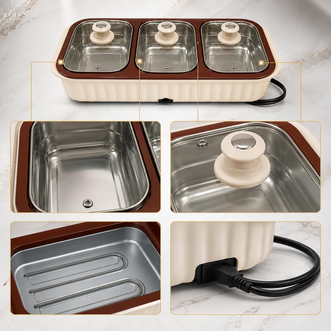 Gurubhai Equipments 3 Bowl Electrical Serving Casserole Chafing Dish,1100ml Each | Stainless Steel 3 Dish Food Buffet Server | 3 in 1 Electric Chafing Dish for Reheating Food, Beige