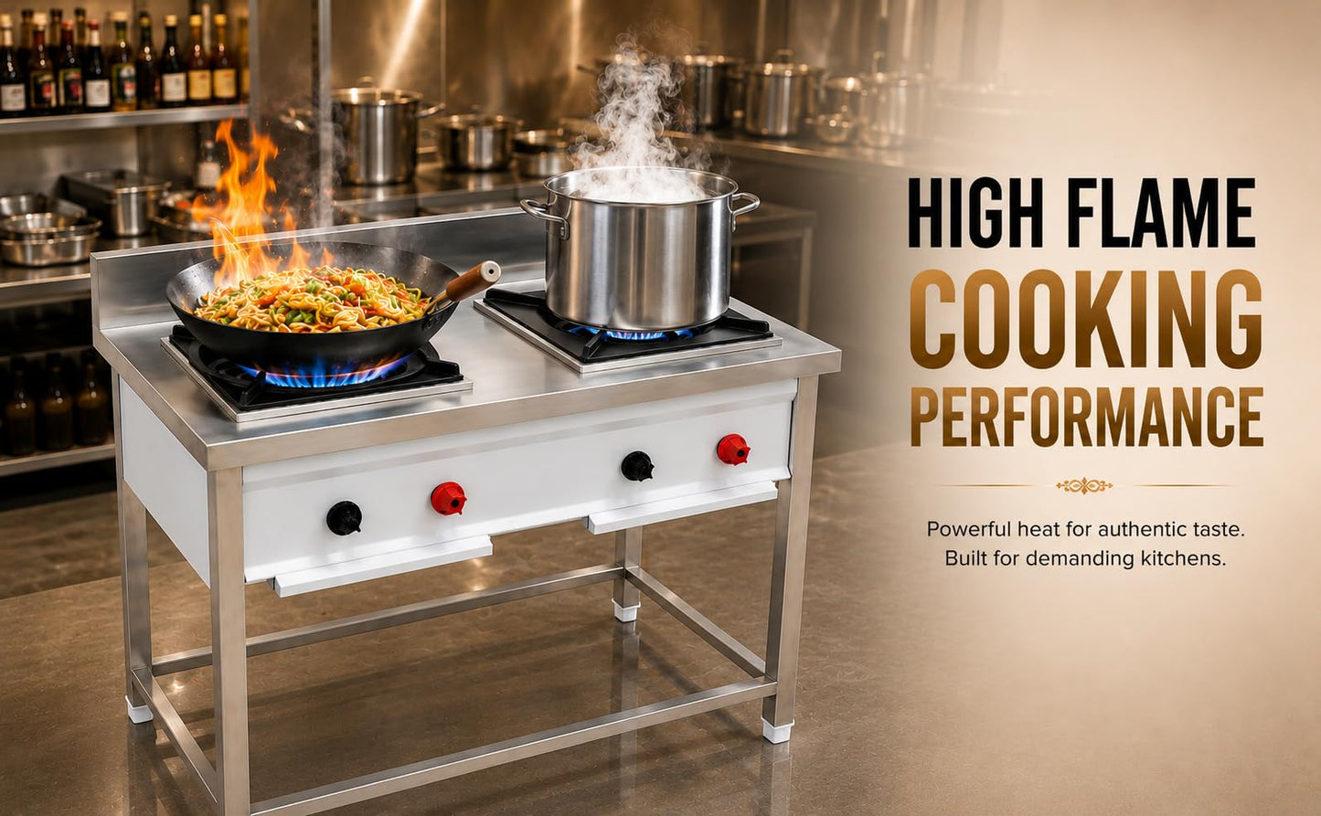 Gurubhai Equipments Stainless Steel Commercial Single Burner Gas Stove Table with Worktop Backsplash & Under Shelf for Hotel Restaurant Kitchen