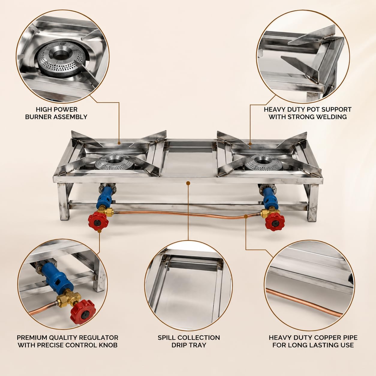 Gurubhai Equipments Double Catering Burner Commercial LPG Gas Stove Heavy Duty Cooking Range for Hotel Restaurant Catering Kitchen