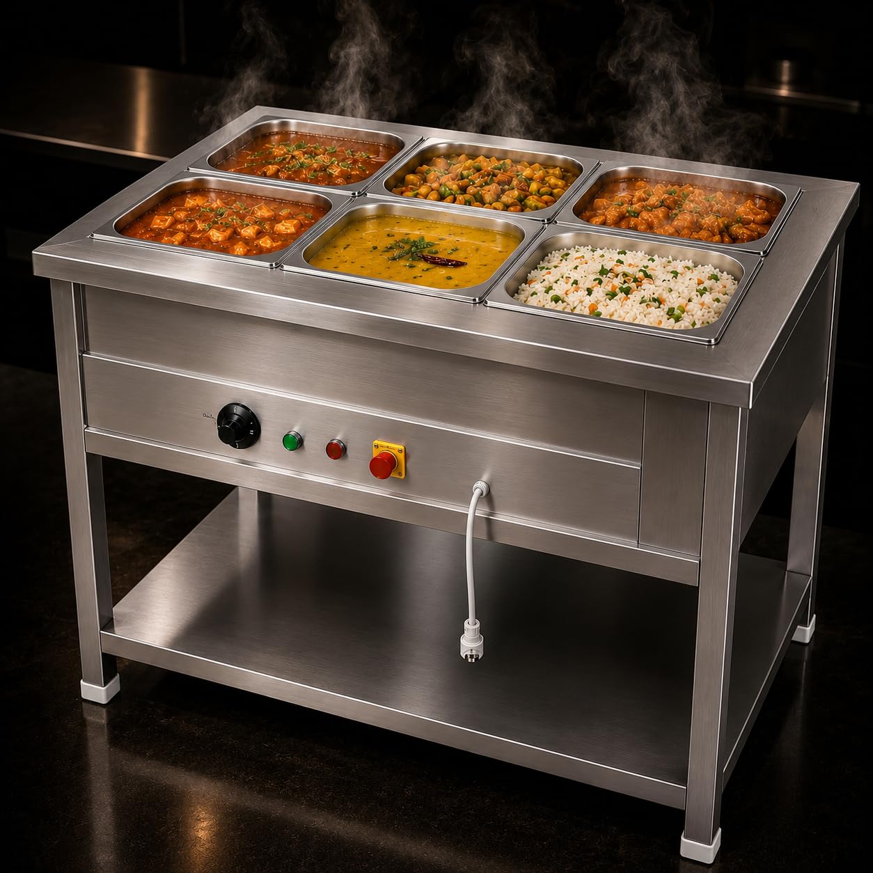 Gurubhai Equipments Electric Autocut Bain Marie Commercial Food Warmer Steam Table Buffet Counter with Undershelf for Restaurant Catering (ELC-BN-MR-6-GN)