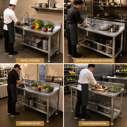 Gurubhai Equipments Stainless Steel Single Bowl Sink Unit with Backsplash | Heavy-Duty Commercial Kitchen Sink Table for Restaurants, Hotels & Catering Use