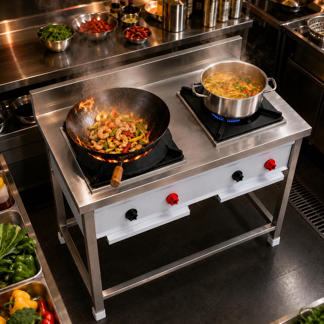 Gurubhai Equipments Stainless Steel Commercial Single Burner Gas Stove Table with Worktop Backsplash & Under Shelf for Hotel Restaurant Kitchen
