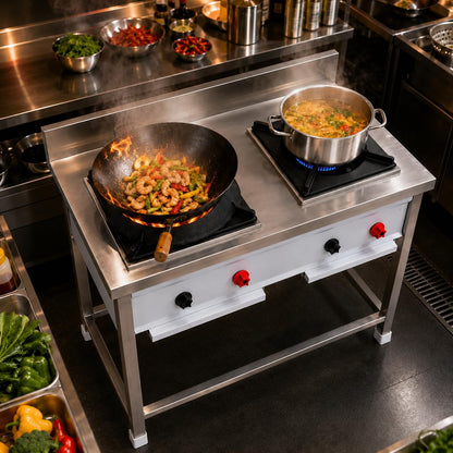 Gurubhai Equipments Stainless Steel Commercial Single Burner Gas Stove Table with Worktop Backsplash & Under Shelf for Hotel Restaurant Kitchen