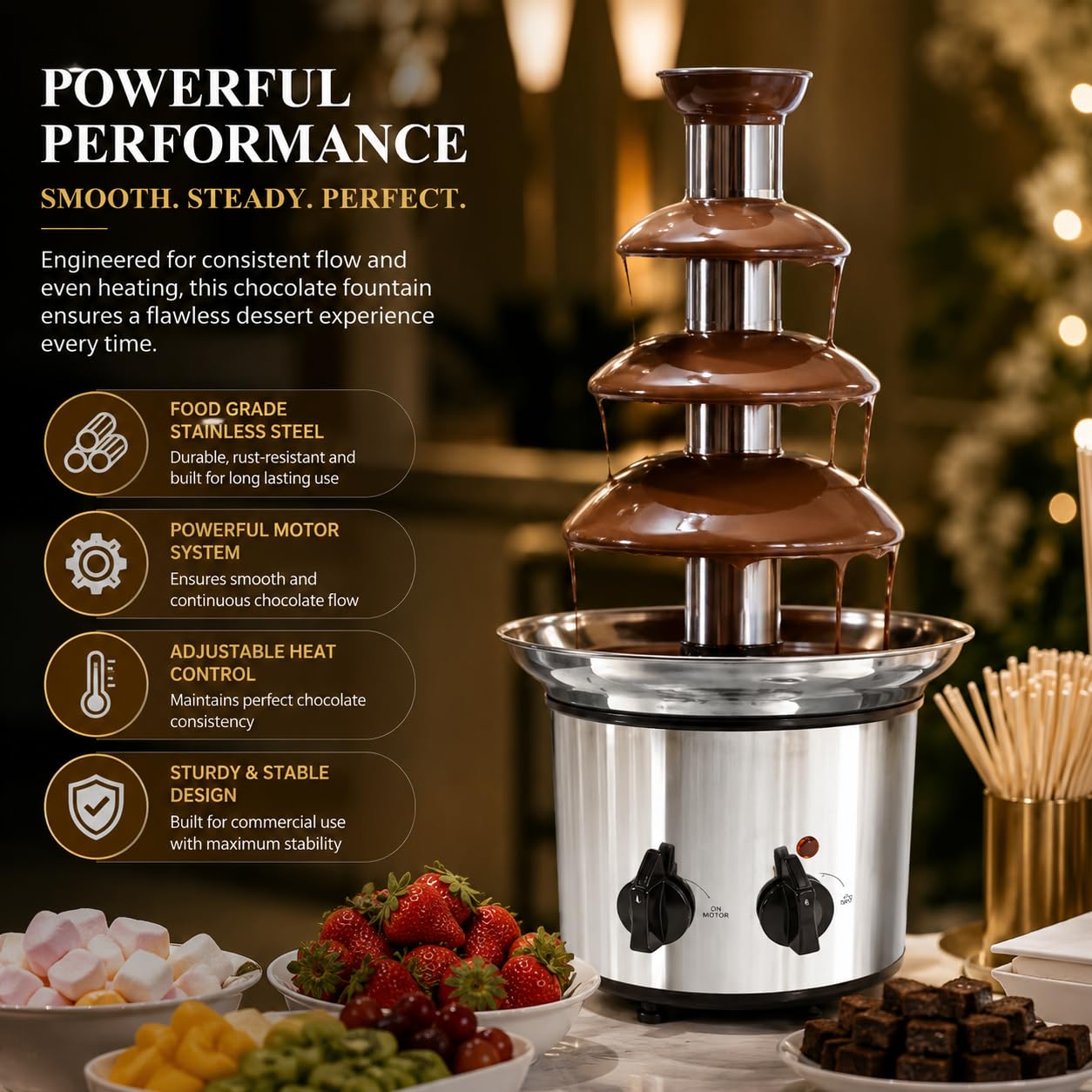 Gurubhai Equipments Electric Chocolate Fountain Machine with Stainless Steel Tower | 3-Tier Chocolate Fountain | Motor & Heating Control for Parties, Hotels, Catering & Events