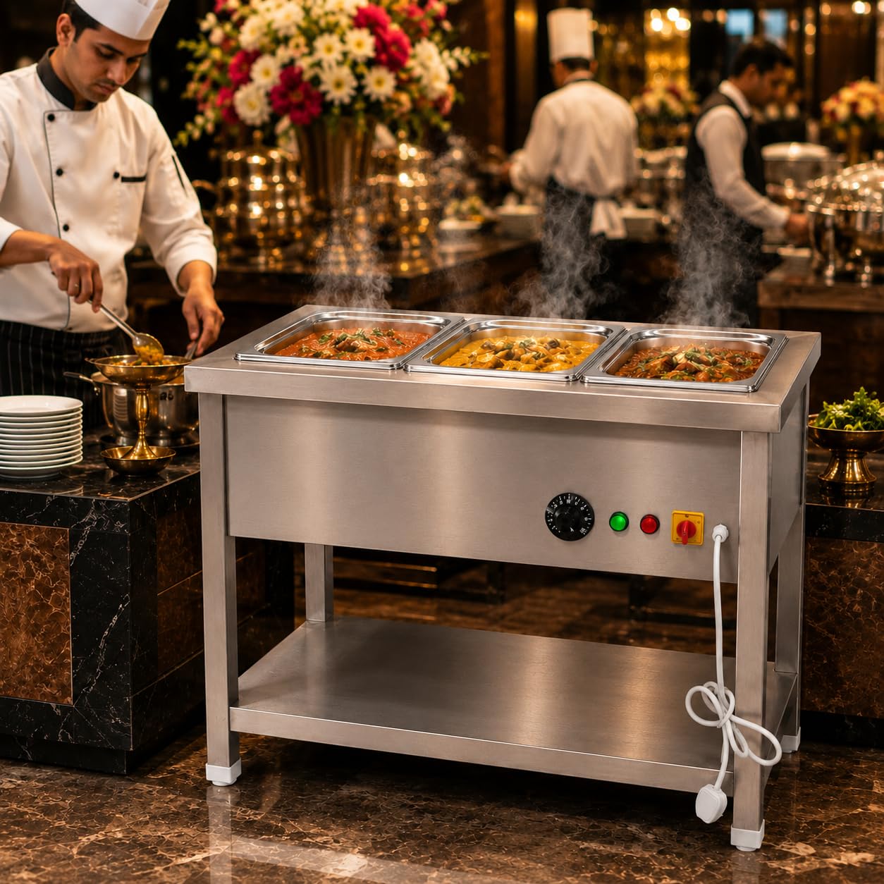 Gurubhai Equipments Electric Autocut Bain Marie Commercial Food Warmer Steam Table Buffet Counter with Undershelf for Restaurant Catering