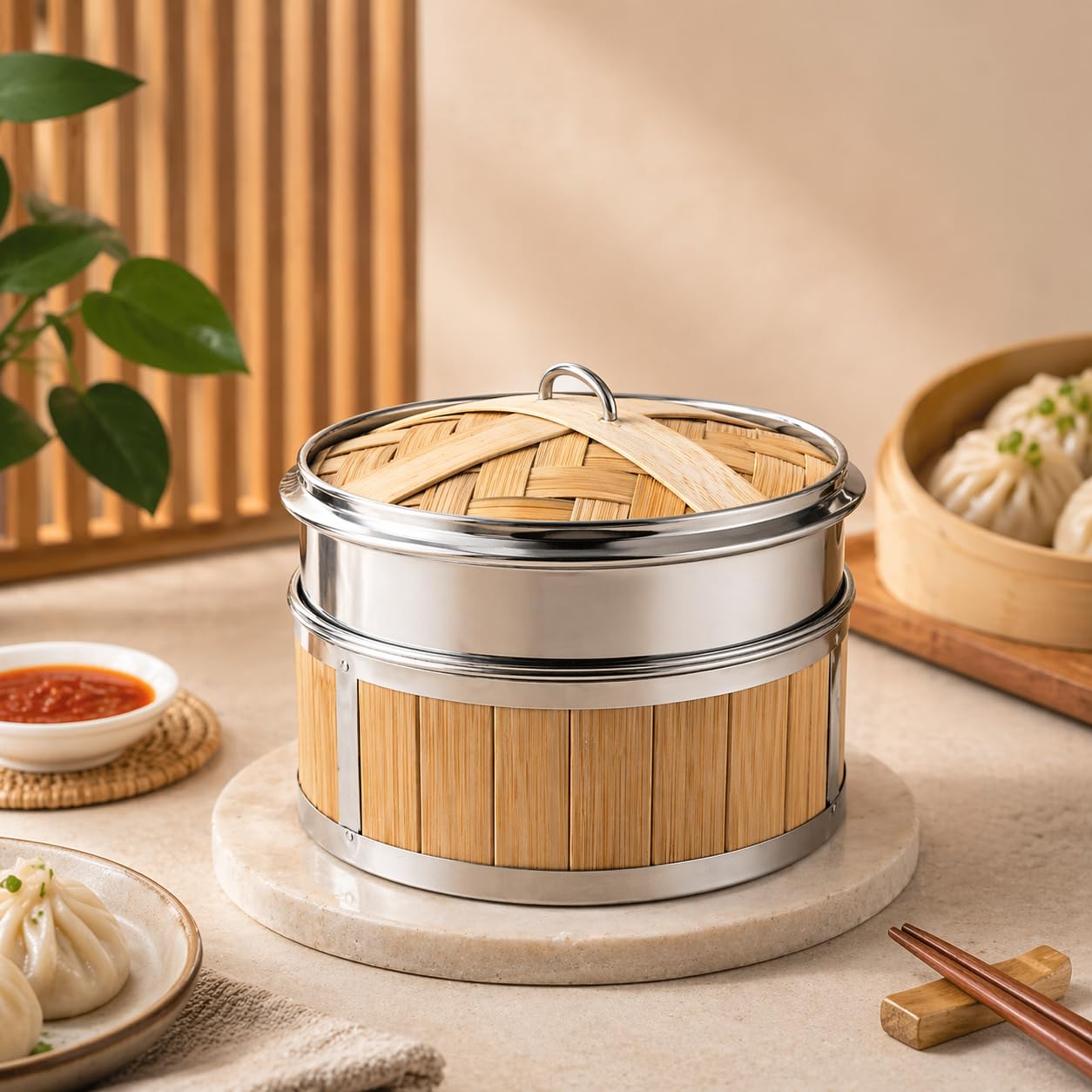 Gurubhai Equipments Bamboo Stainless Steel 16 Cm Steamer Basket with Lid – 1 Tier Round | Traditional Wooden Steamer for Momos, Dim Sum, Dumplings & Vegetables | Eco-Friendly Food Steamer for Healthy Cooking