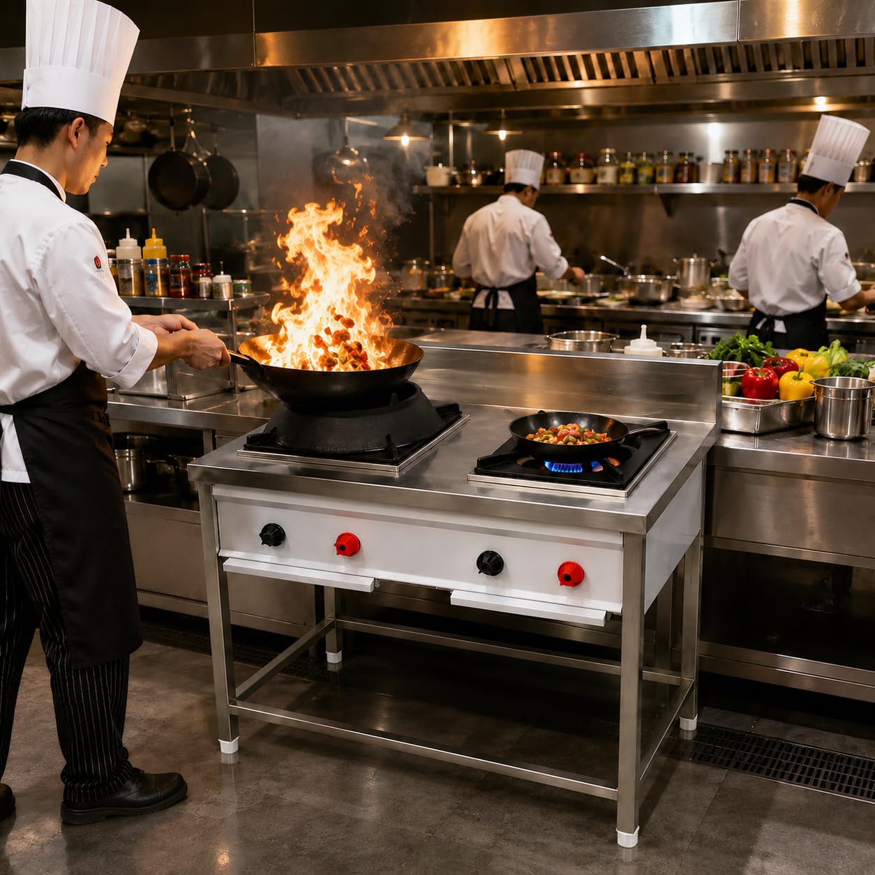 Gurubhai Equipments Stainless Steel Commercial Single Burner Gas Stove Table with Worktop Backsplash & Under Shelf for Hotel Restaurant Kitchen