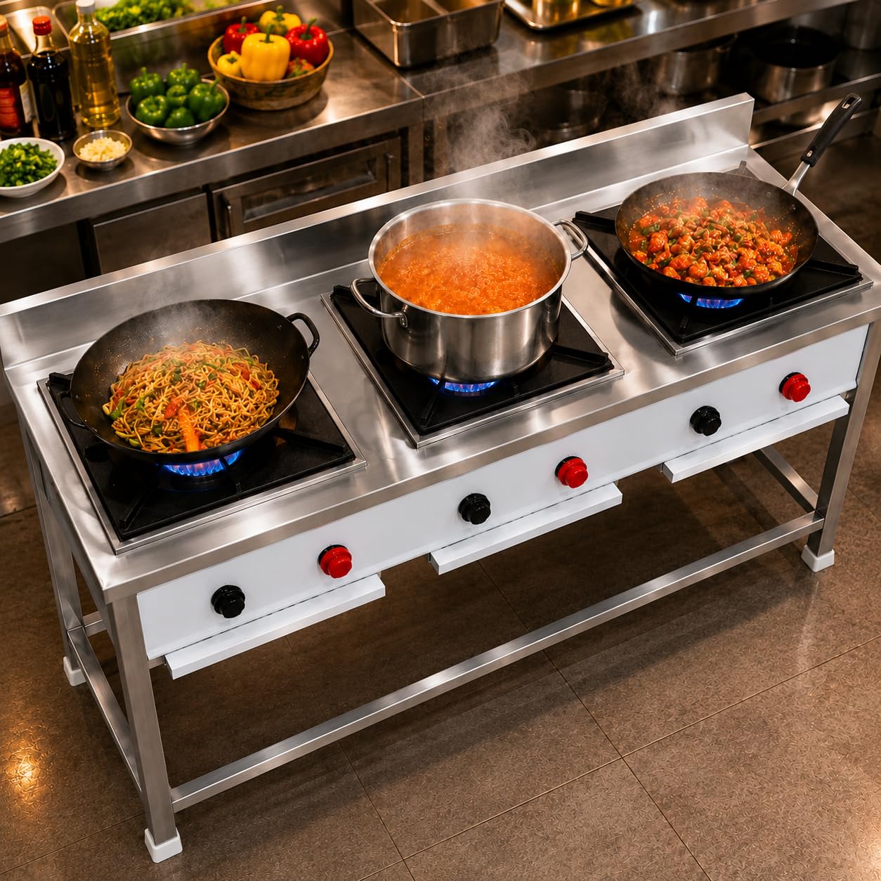 Gurubhai Equipments Stainless Steel Commercial Single Burner Gas Stove Table with Worktop Backsplash & Under Shelf for Hotel Restaurant Kitchen