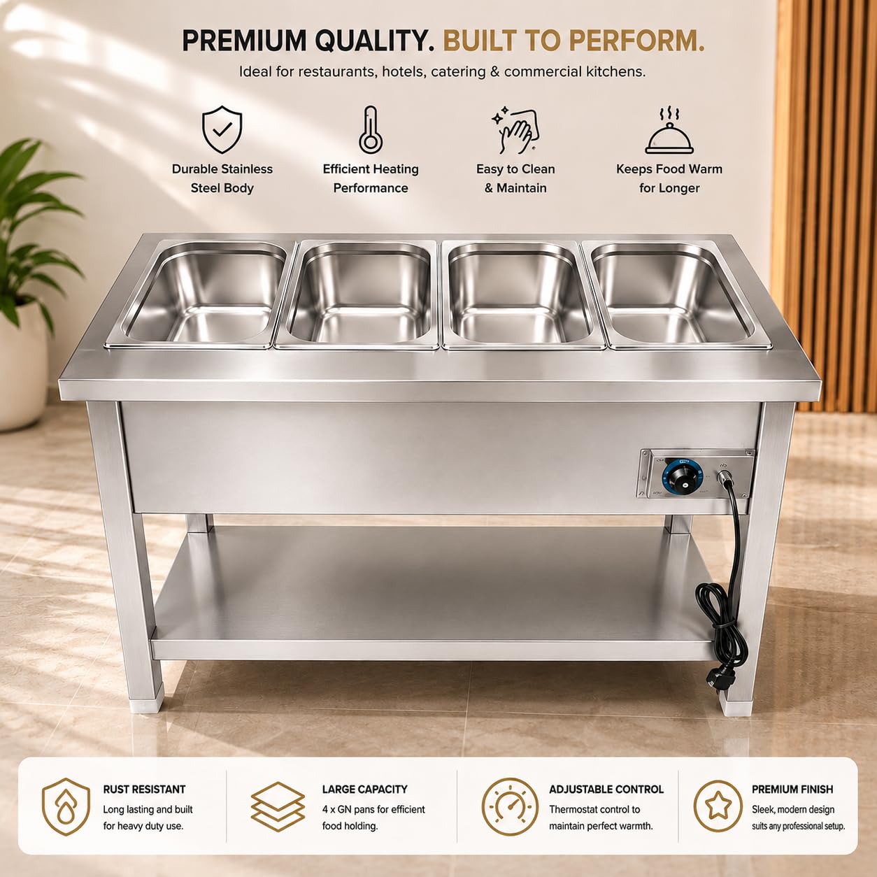Gurubhai Equipments Electric Autocut Bain Marie Commercial Food Warmer Steam Table Buffet Counter with Undershelf for Restaurant Catering