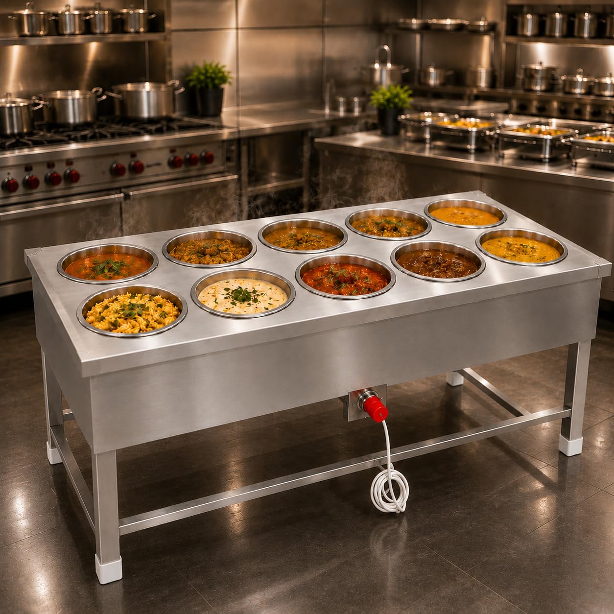 Gurubhai Equipments 10 Pot Electric Bain Marie Commercial Food Warmer Stainless Steel Steam Table Buffet Counter for Hotel Restaurant Catering