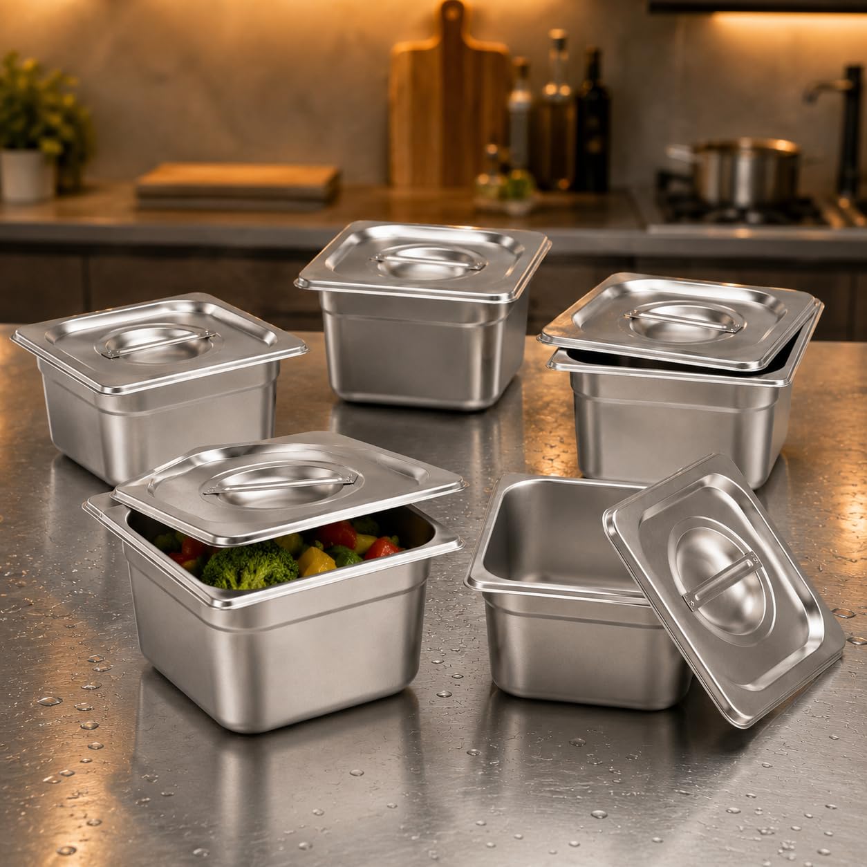 GURUBHAI EQUIPMENTS Stainless Steel 1/6 GN Pan with Lid – 100mm (4" Deep) Gastronorm Food Container | Easy-to-Clean Storage Solution for Commercial Kitchens, Restaurants & Catering (Set of 6)