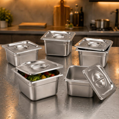 GURUBHAI EQUIPMENTS Stainless Steel 1/6 GN Pan with Lid – 100mm (4" Deep) Gastronorm Food Container | Easy-to-Clean Storage Solution for Commercial Kitchens, Restaurants & Catering (Set of 6)