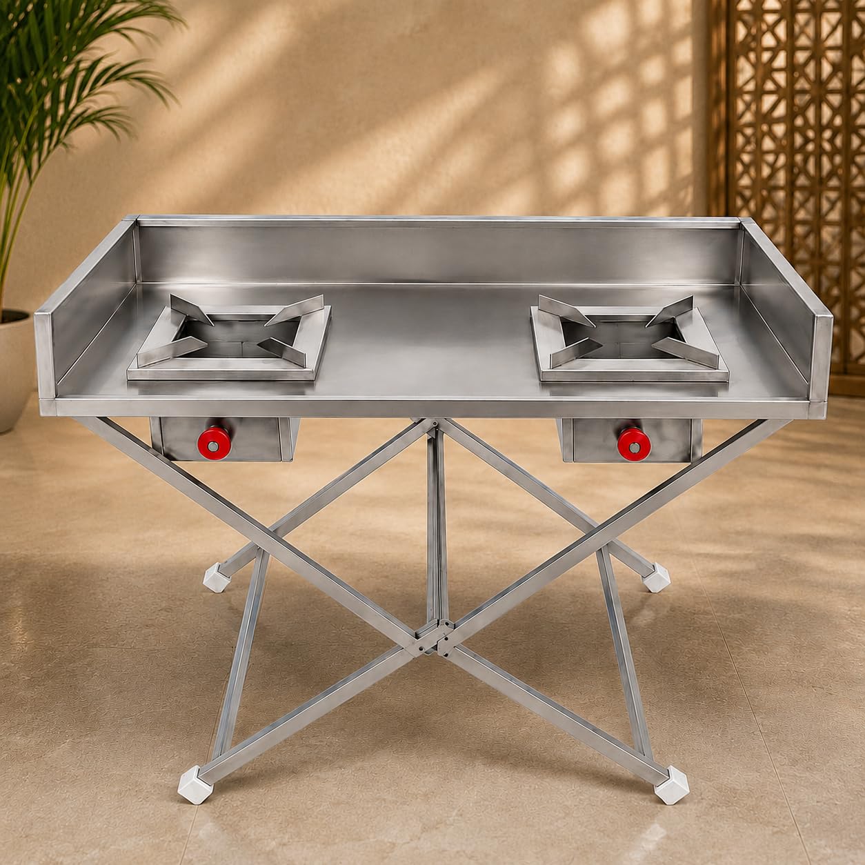Gurubhai Equipments Stainless Steel Folding Single Burner Gas Stove – Portable Bhatti Range with Side Wall & Control Valve | Ideal for Outdoor Catering, Food Stalls & Commercial Use