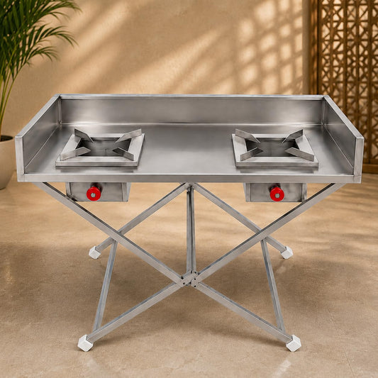 Gurubhai Equipments Stainless Steel Double Burner Folding Gas Stove – Portable Commercial Bhatti with Control Valves & Side Wall | Ideal for Outdoor Catering, Events & Street Food Stalls