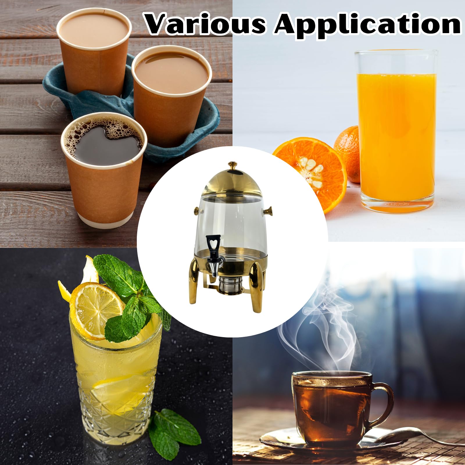 Gurubhai Equipments 10L Glass Beverage Dispenser with Gold Stand – Tea, Coffee & Juice Dispenser with Dome Lid | Decorative Drink Dispenser for Parties, Buffets, Catering & Events