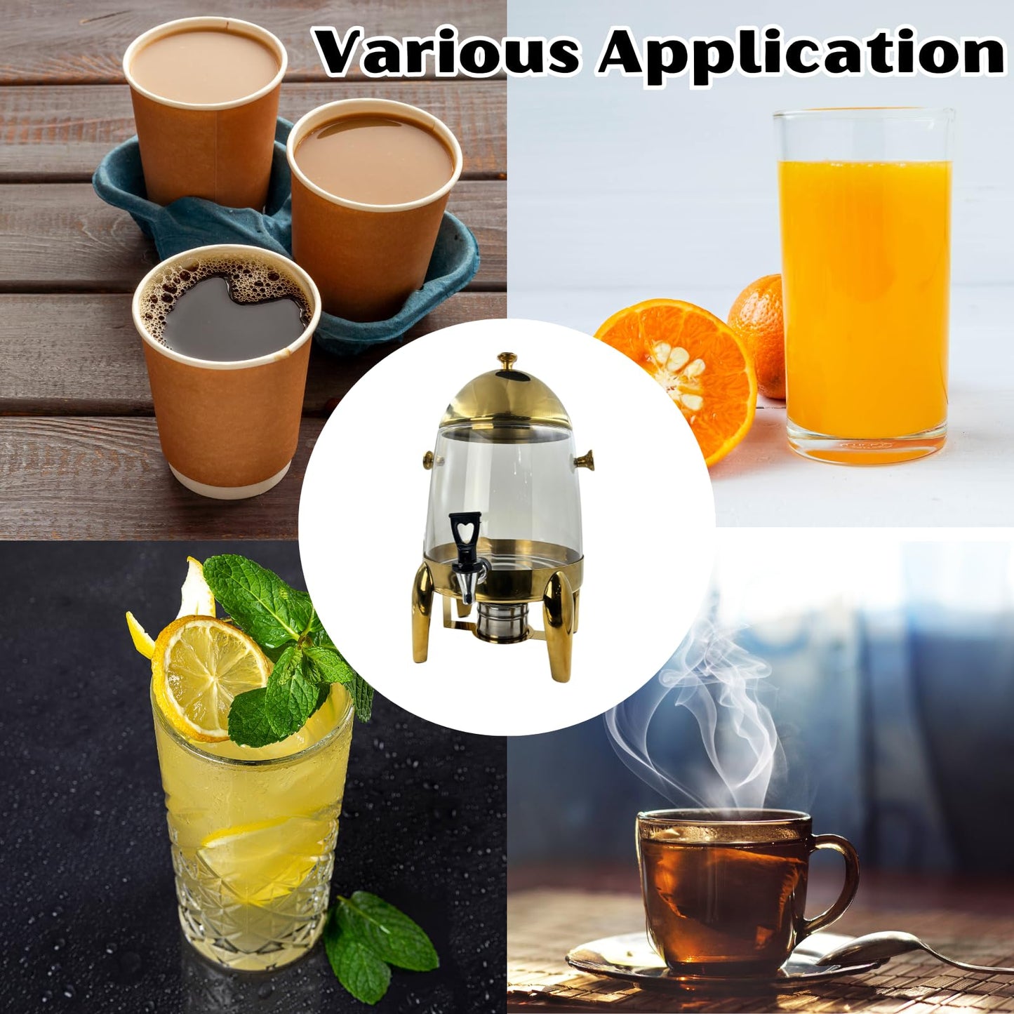 Gurubhai Equipments 10L Glass Beverage Dispenser with Gold Stand – Tea, Coffee & Juice Dispenser with Dome Lid | Decorative Drink Dispenser for Parties, Buffets, Catering & Events