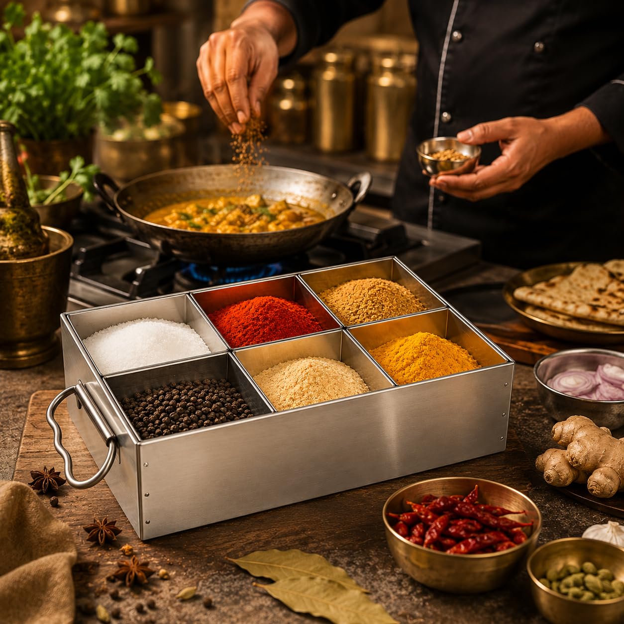 GURUBHAI EQUIPMENTS Stainless Steel Masala Peti 6 Compartments Spice Box Masala Dabba for Kitchen Spice Storage Container