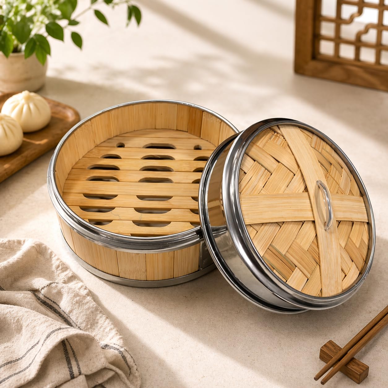 Gurubhai Equipments Bamboo Stainless Steel 16 Cm Steamer Basket with Lid – 1 Tier Round | Traditional Wooden Steamer for Momos, Dim Sum, Dumplings & Vegetables | Eco-Friendly Food Steamer for Healthy Cooking