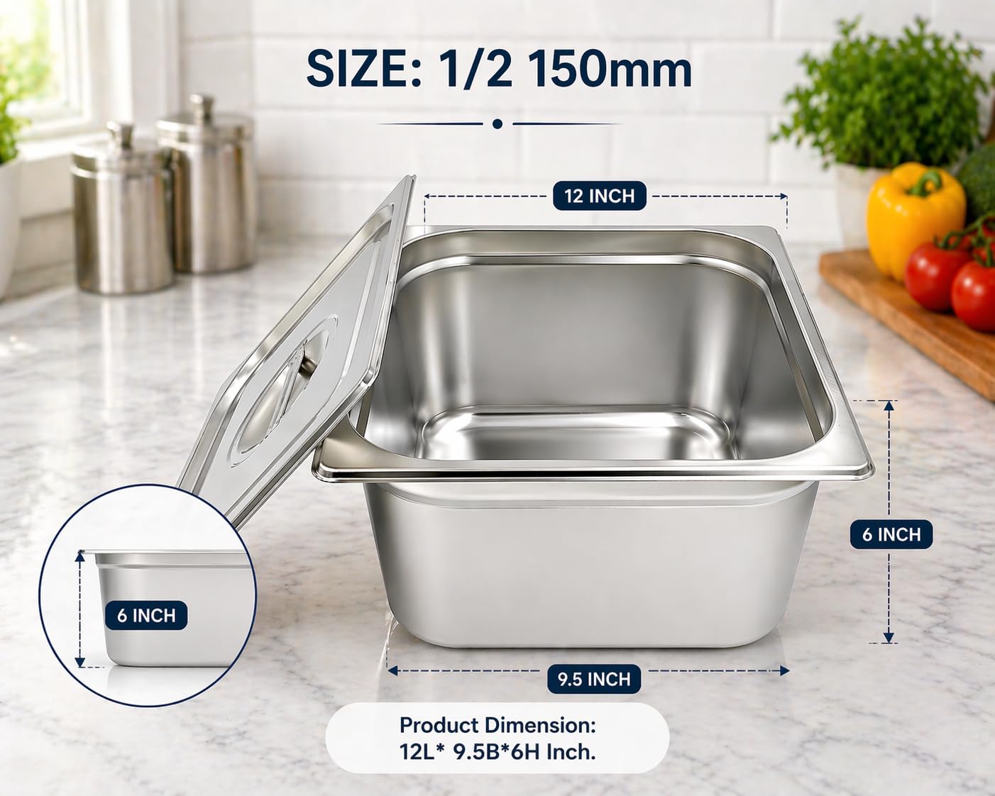 GURUBHAI EQUIPMENTS Gn Pan Food Container 1/2 100mm (4" Deep) Stainless Steel Gastronorm Pan with Lid-(Set of 1) – Easy-to-Clean Food Storage Solution for Commercial Kitchens, Catering use