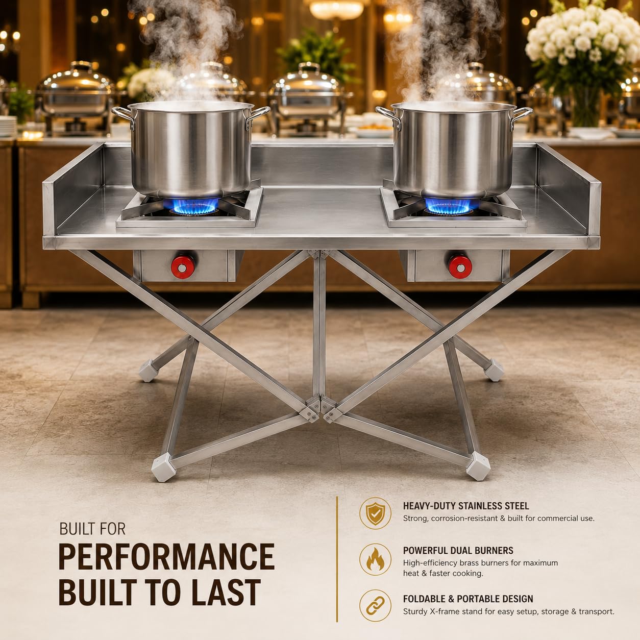 Gurubhai Equipments Stainless Steel Folding Single Burner Gas Stove – Portable Bhatti Range with Side Wall & Control Valve | Ideal for Outdoor Catering, Food Stalls & Commercial Use