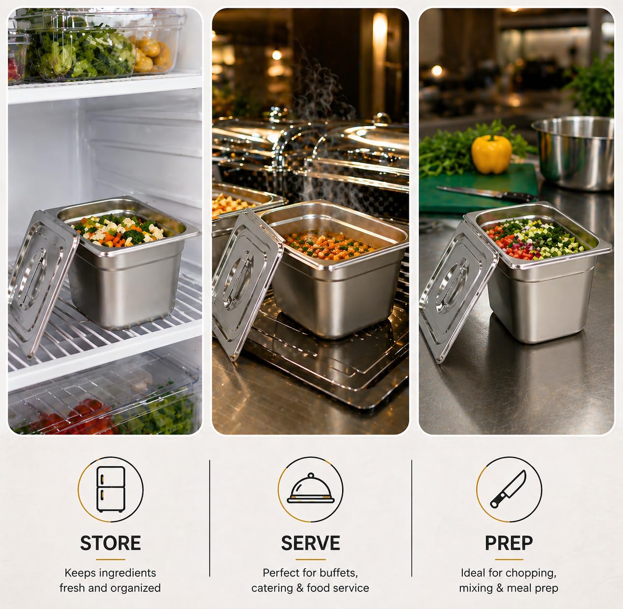 GURUBHAI EQUIPMENTS GN Pan Food Container 1/6 150 mm with lid Stainless Steel Gastronorm Pan with Lid, Easy-to-Clean Food Storage Solution for Commercial Kitchens & Catering Use