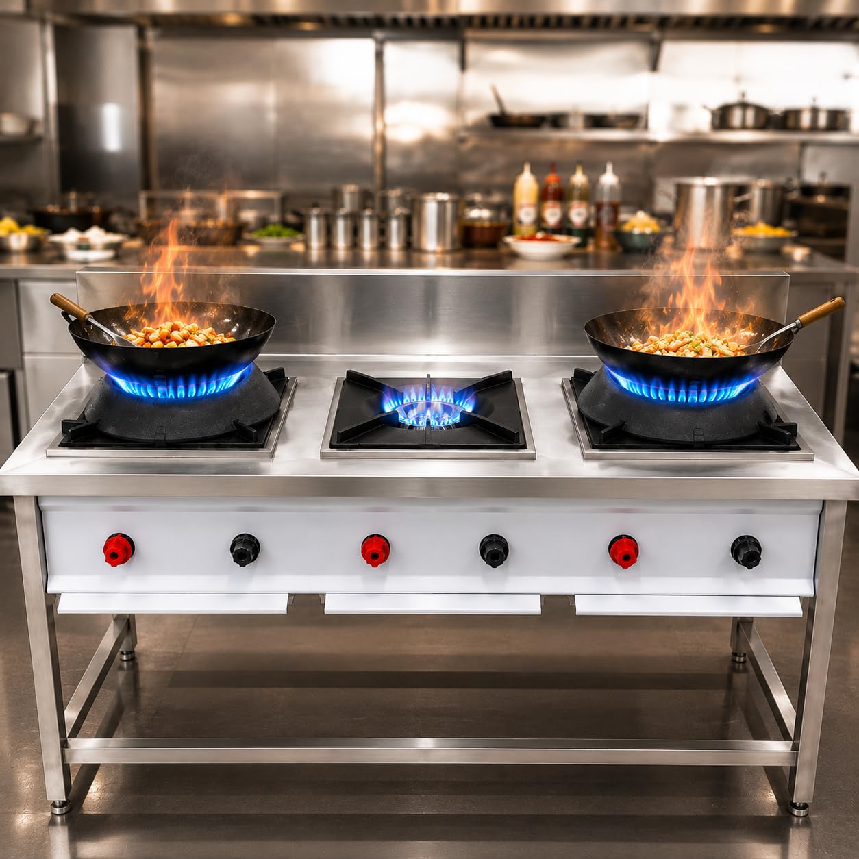 Gurubhai Equipments Stainless Steel Commercial Single Burner Gas Stove Table with Worktop Backsplash & Under Shelf for Hotel Restaurant Kitchen