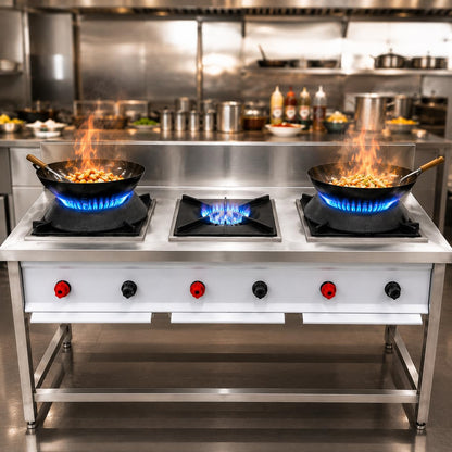 Gurubhai Equipments Stainless Steel Commercial Single Burner Gas Stove Table with Worktop Backsplash & Under Shelf for Hotel Restaurant Kitchen