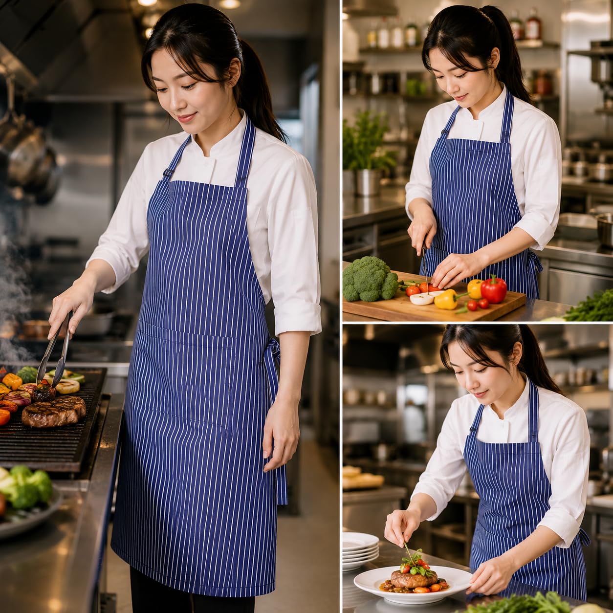 GURUBHAI EQUIPMENTS Blue Striped Chef Apron with Front Pocket | Cooking & Kitchen Apron for Men & Women | Durable Fabric Apron for Home, Restaurant & Café Use