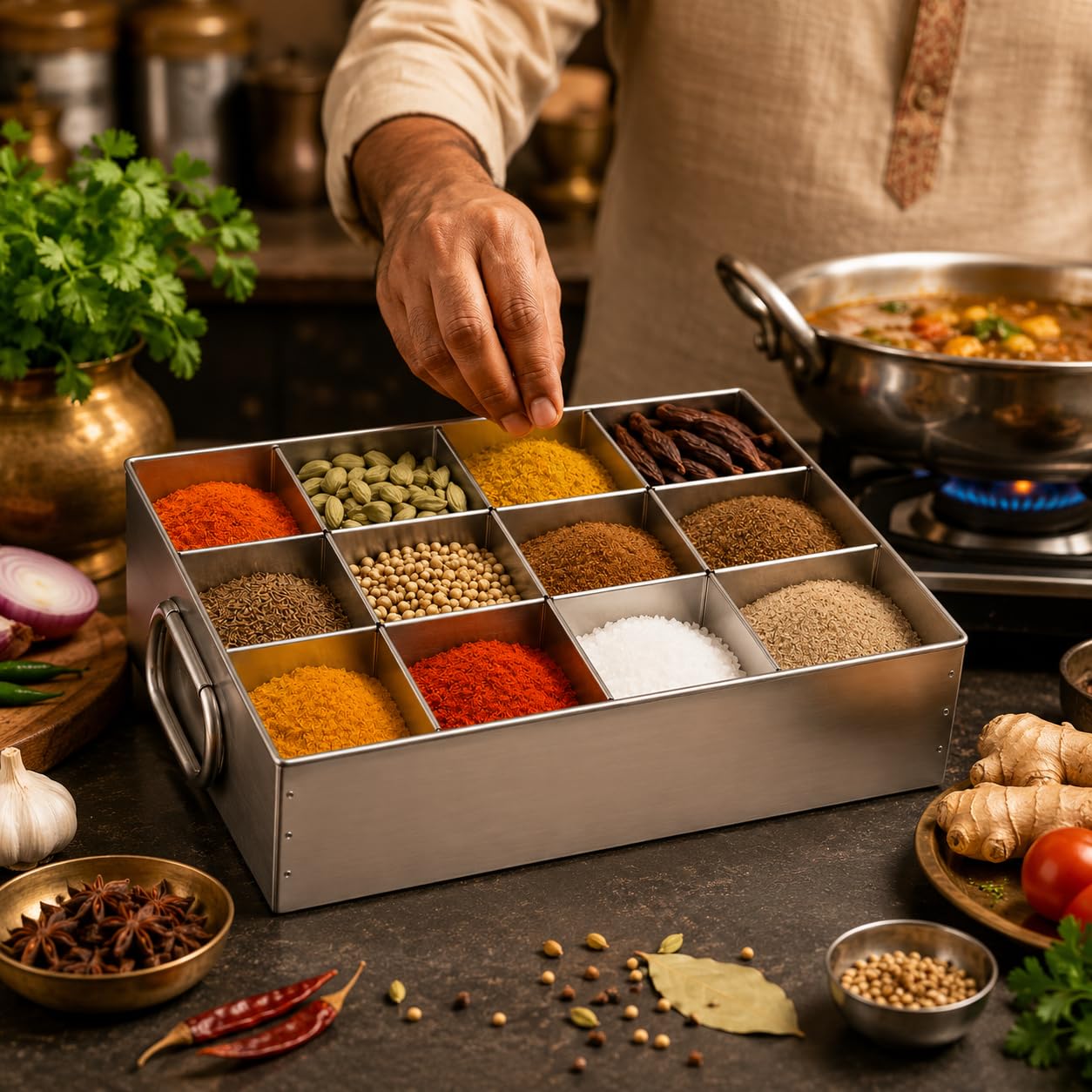 GURUBHAI EQUIPMENTS Stainless Steel Masala Peti 12 Compartments Spice Box Masala Dabba for Kitchen Spice Organizer