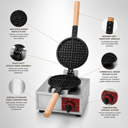 Gurubhai Equipments Wooden Handle Round Belgian Gas Waffle, Machine Commercial Belgian Waffle Maker, Heavy Duty Waffle Baker for Cafe Bakery