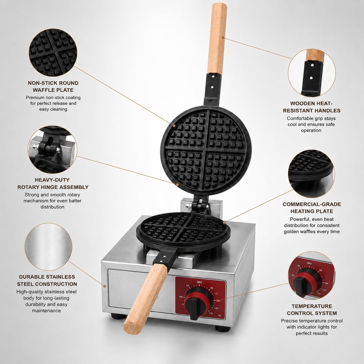 Gurubhai Equipments Wooden Handle Round Belgian Gas Waffle, Machine Commercial Belgian Waffle Maker, Heavy Duty Waffle Baker for Cafe Bakery