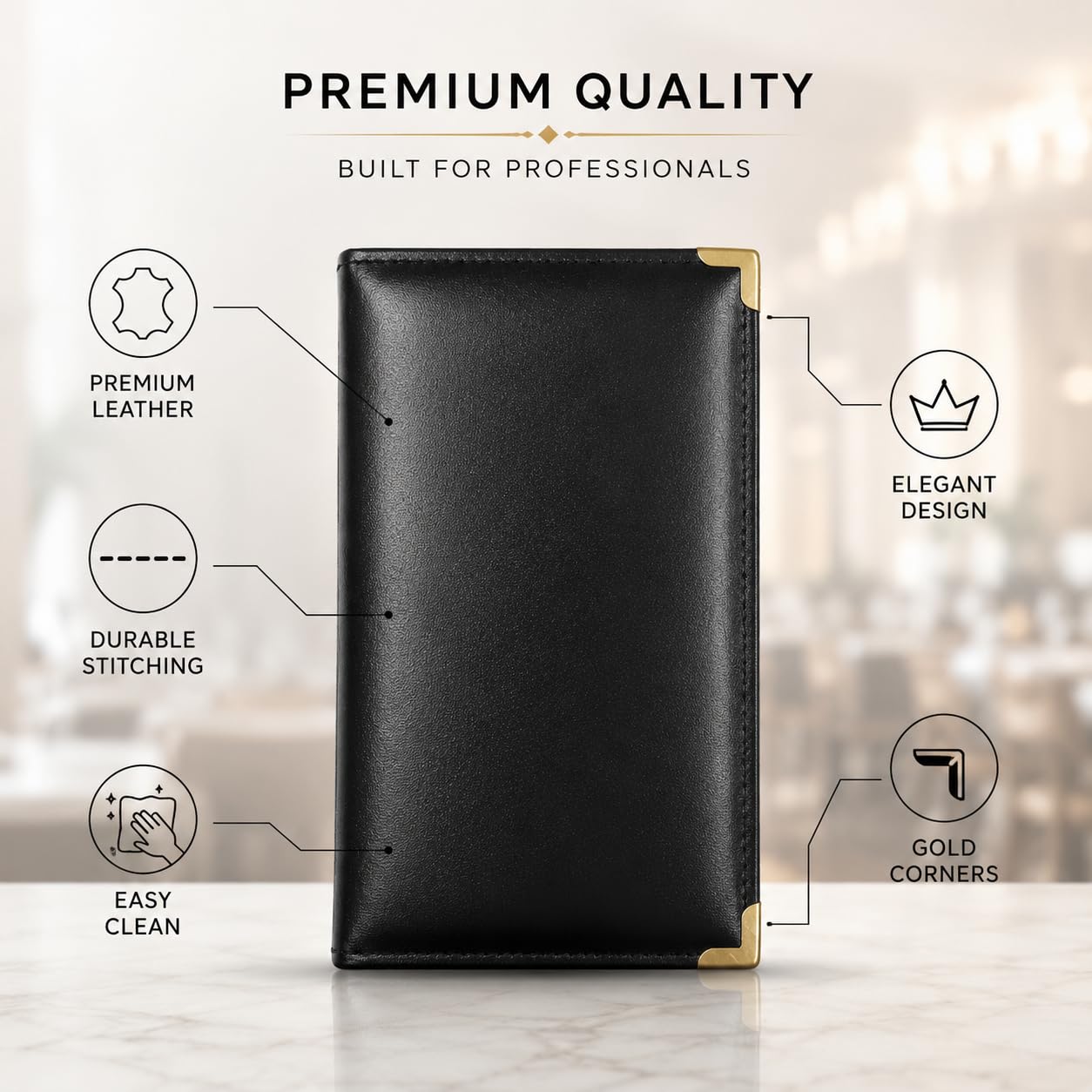Gurubhai Equipments Set of 6 Bill Folders with Golden Corners | Black Leatherette Menu Holder for Restaurants, Hotels & Cafes | Durable Check Presenters/Receipt Holders for Commercial Use