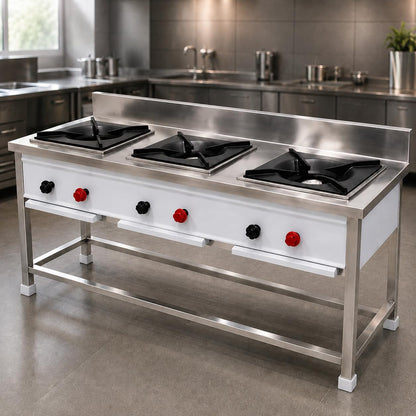 Gurubhai Equipments Stainless Steel Commercial Single Burner Gas Stove Table with Worktop Backsplash & Under Shelf for Hotel Restaurant Kitchen