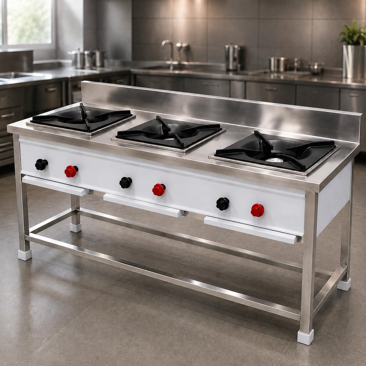 Gurubhai Equipments Stainless Steel Commercial Single Burner Gas Stove Table with Worktop Backsplash & Under Shelf for Hotel Restaurant Kitchen