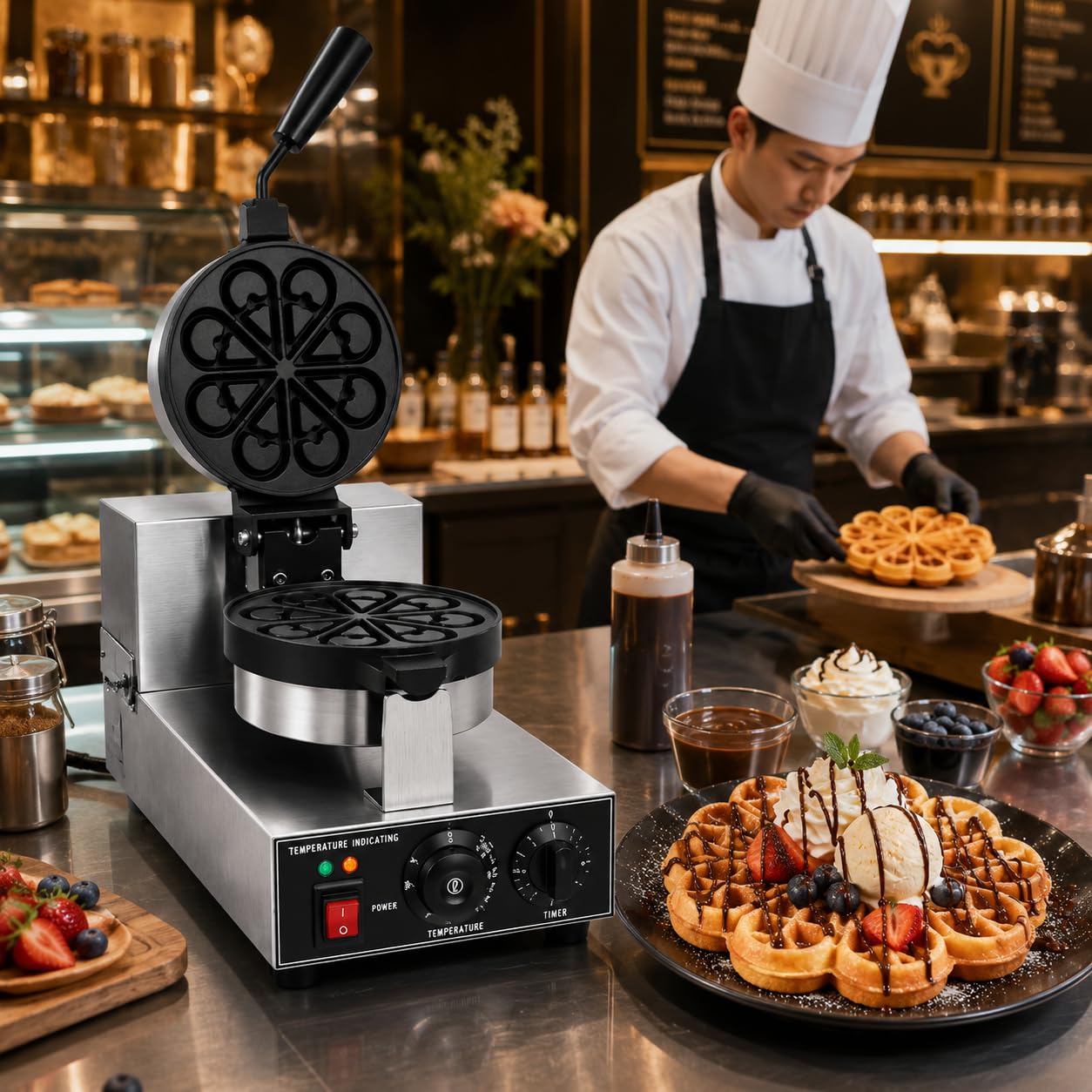 Gurubhai Equipments Droplet Shape Rotary Waffle Maker, Commercial Electric Waffle Machine, Professional Belgian Waffle Baker for Cafe Bakery Restaurant