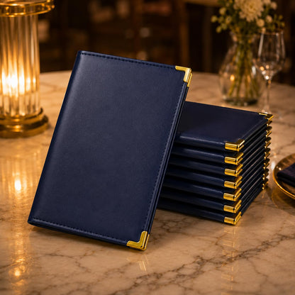 Gurubhai Equipments Set of 6 Navy Blue Restaurant Bill Folders – PU Leather Check Presenters with Gold Corners