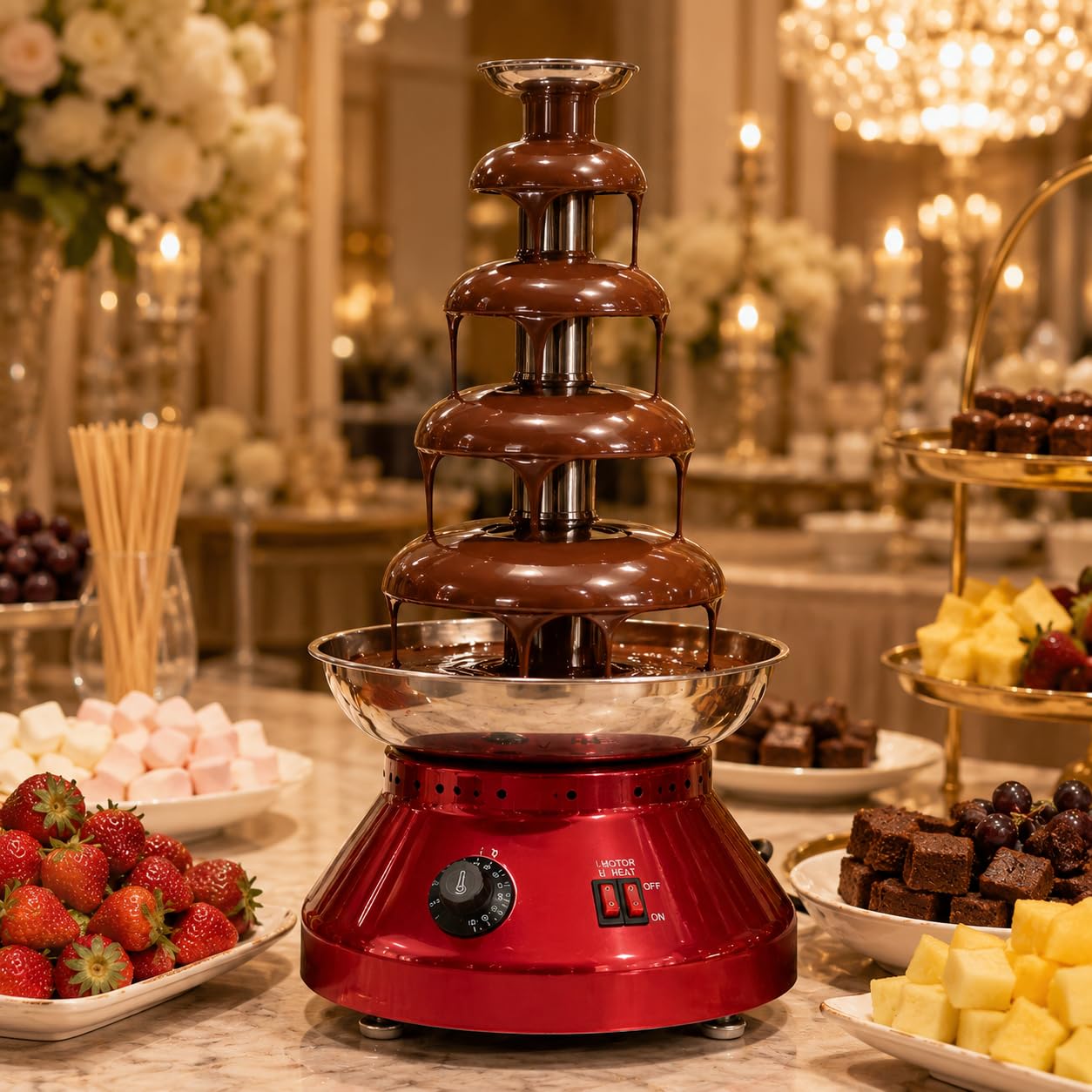 Gurubhai Equipments Electric Chocolate Fountain Machine with Stainless Steel Tower | 3-Tier Chocolate Fountain | Motor & Heating Control for Parties, Hotels, Catering & Events