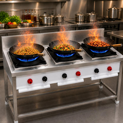 Gurubhai Equipments Stainless Steel Commercial Single Burner Gas Stove Table with Worktop Backsplash & Under Shelf for Hotel Restaurant Kitchen