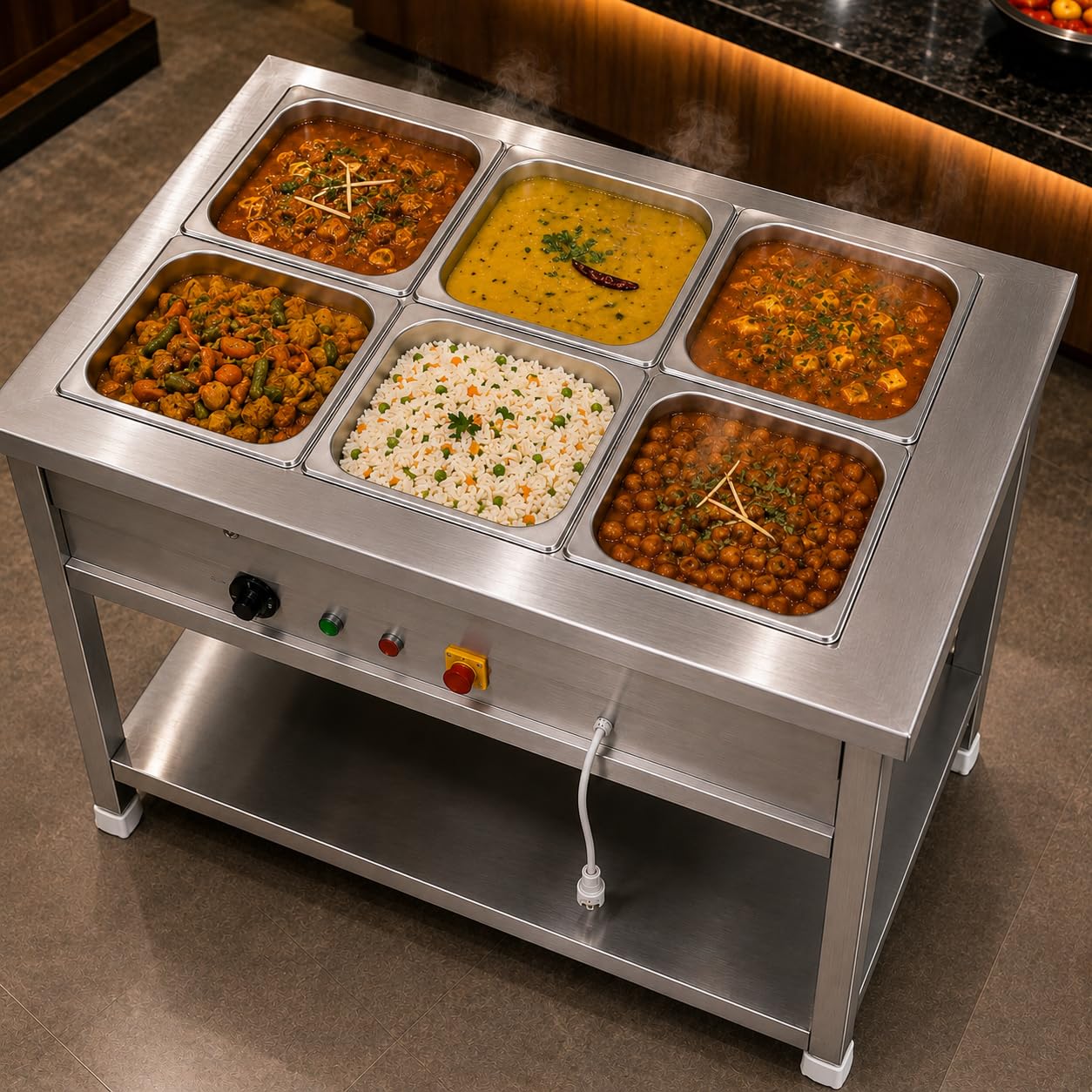 Gurubhai Equipments Electric Autocut Bain Marie Commercial Food Warmer Steam Table Buffet Counter with Undershelf for Restaurant Catering