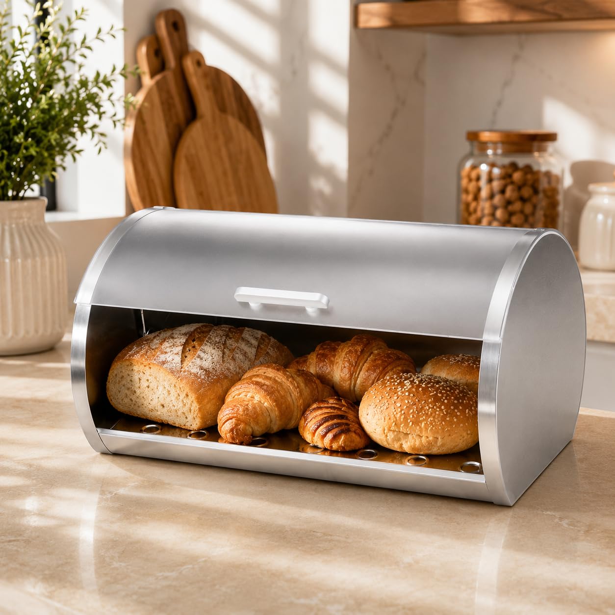GURUBHAI EQUIPMENTS Roll Top Bread Box for Kitchen Countertop | Large Bread Storage Bin with Smooth Sliding Lid Keeps Bread Fresh | Modern Bread Box for Cafes & Bakeries