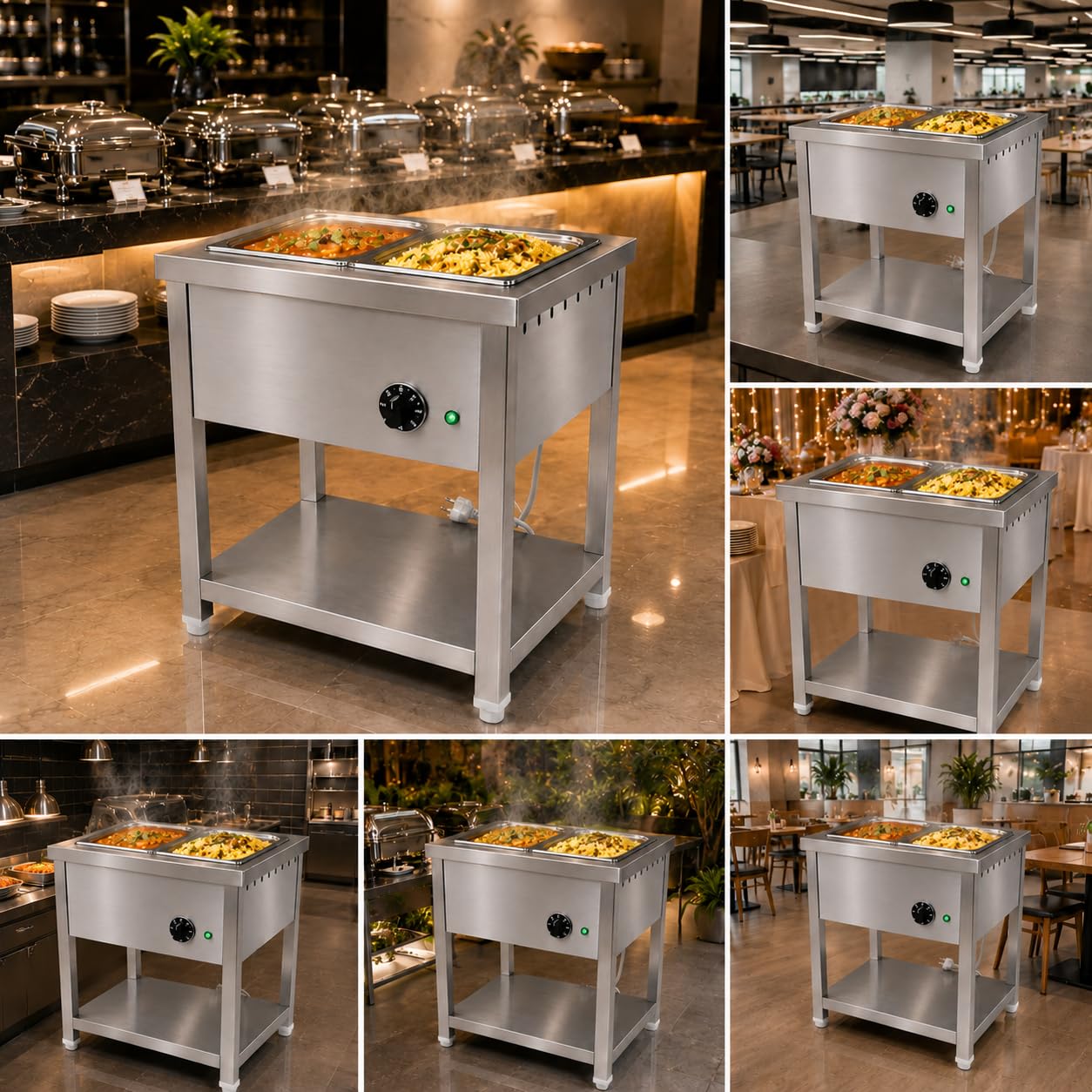 Gurubhai Equipments 1/2 2GN Electric Autocut Bain Marie Commercial Food Warmer Stainless Steel Steam Table Buffet Counter with Undershelf for Restaurant Catering