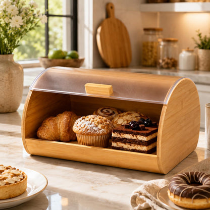 GURUBHAI EQUIPMENTS Bamboo Bread Box with Roll Top Cover | Large Bread Storage Box for Kitchen Counter | Keeps Bread Fresh | Modern Wooden Bread Bin for Home & Cafes