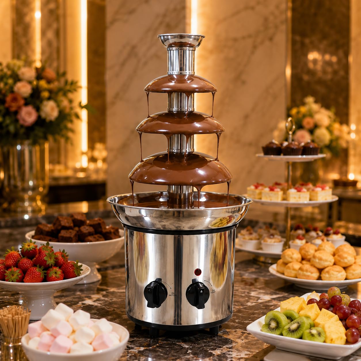 Gurubhai Equipments Electric Chocolate Fountain Machine with Stainless Steel Tower | 3-Tier Chocolate Fountain | Motor & Heating Control for Parties, Hotels, Catering & Events