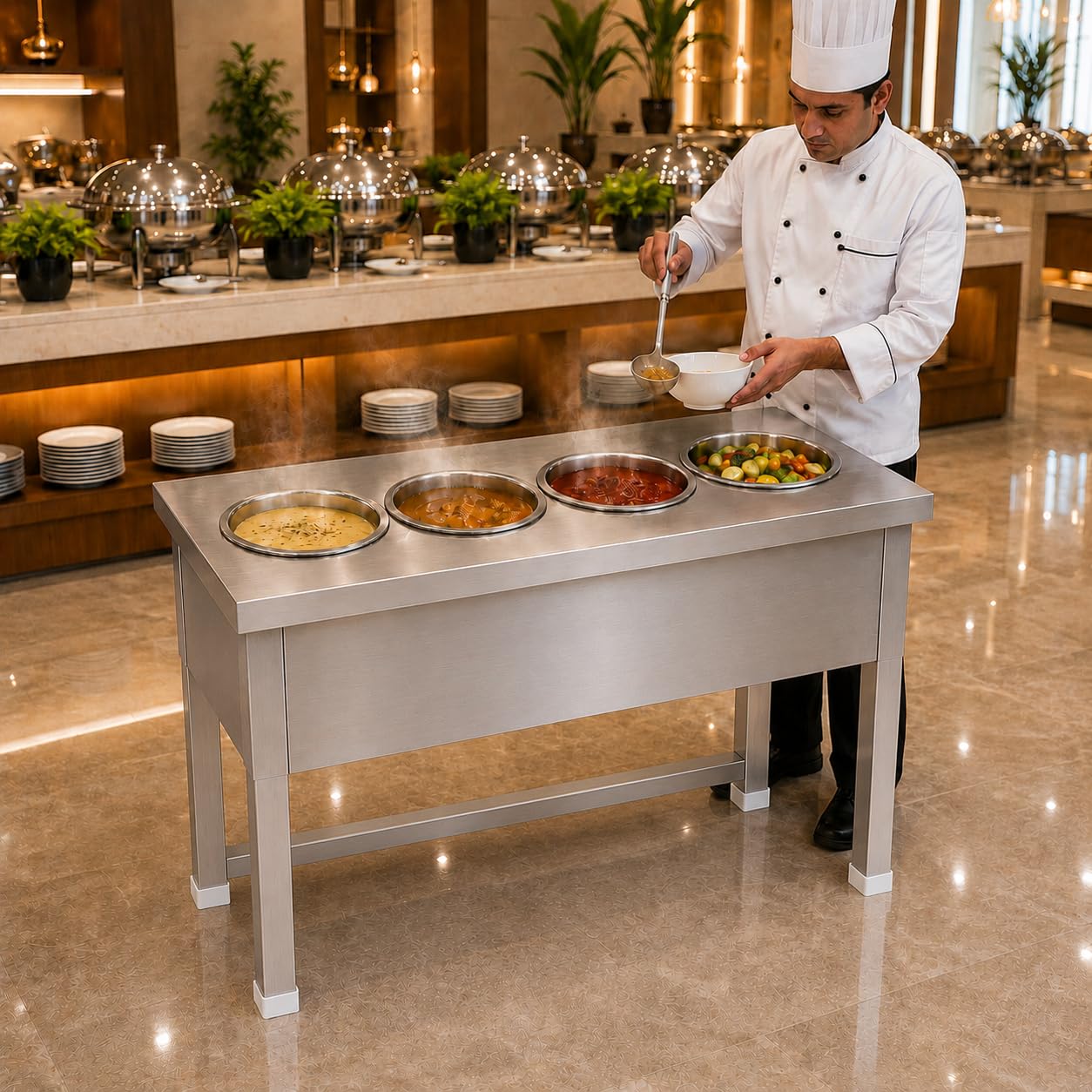 Gurubhai Equipments Long Size 4 Pot Electric Food Warmer Counter Stainless Steel Bain Marie for Buffet Restaurant Hotel