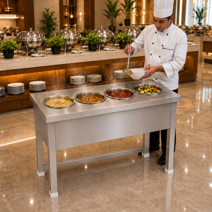 Gurubhai Equipments Long Size 4 Pot Electric Food Warmer Counter Stainless Steel Bain Marie for Buffet Restaurant Hotel