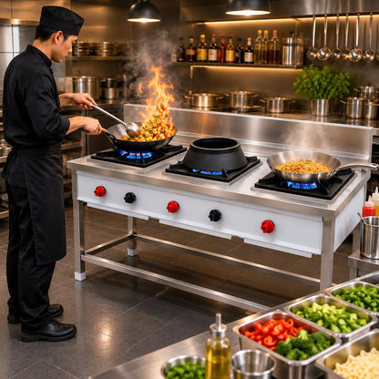 Gurubhai Equipments Stainless Steel Commercial Single Burner Gas Stove Table with Worktop Backsplash & Under Shelf for Hotel Restaurant Kitchen