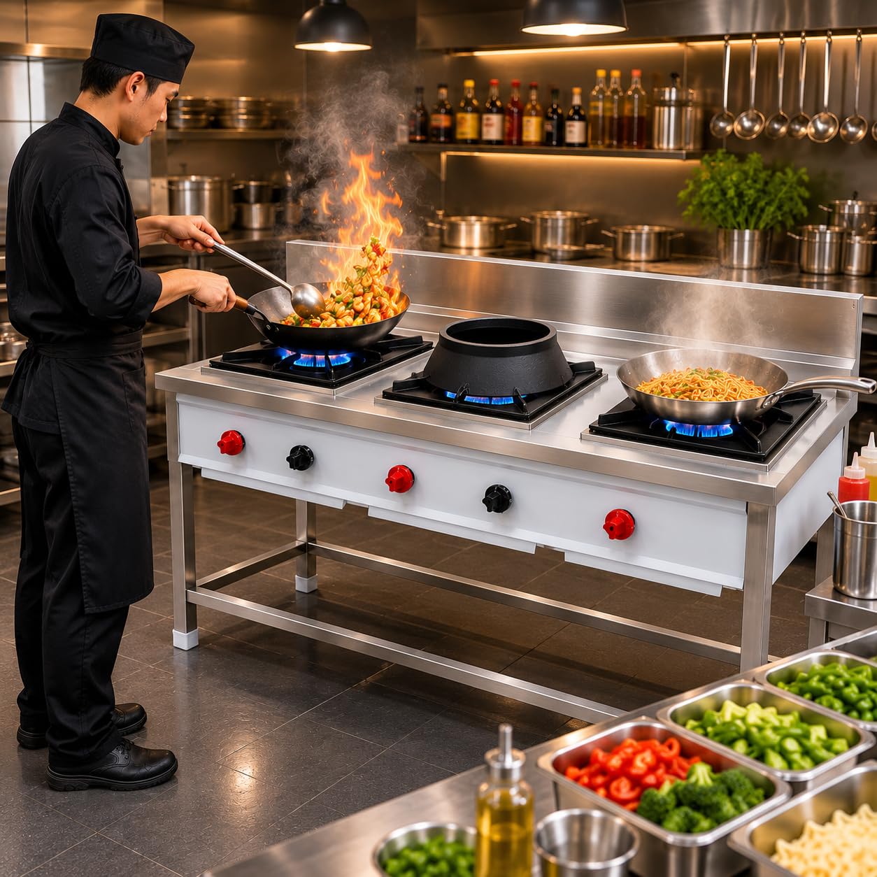 Gurubhai Equipments 3 Burner Stainless Steel Commercial Gas Stove with 1 Chinese Burner & 2 Single Burners Heavy Duty Cooking Range for Hotel Restaurant Kitchen