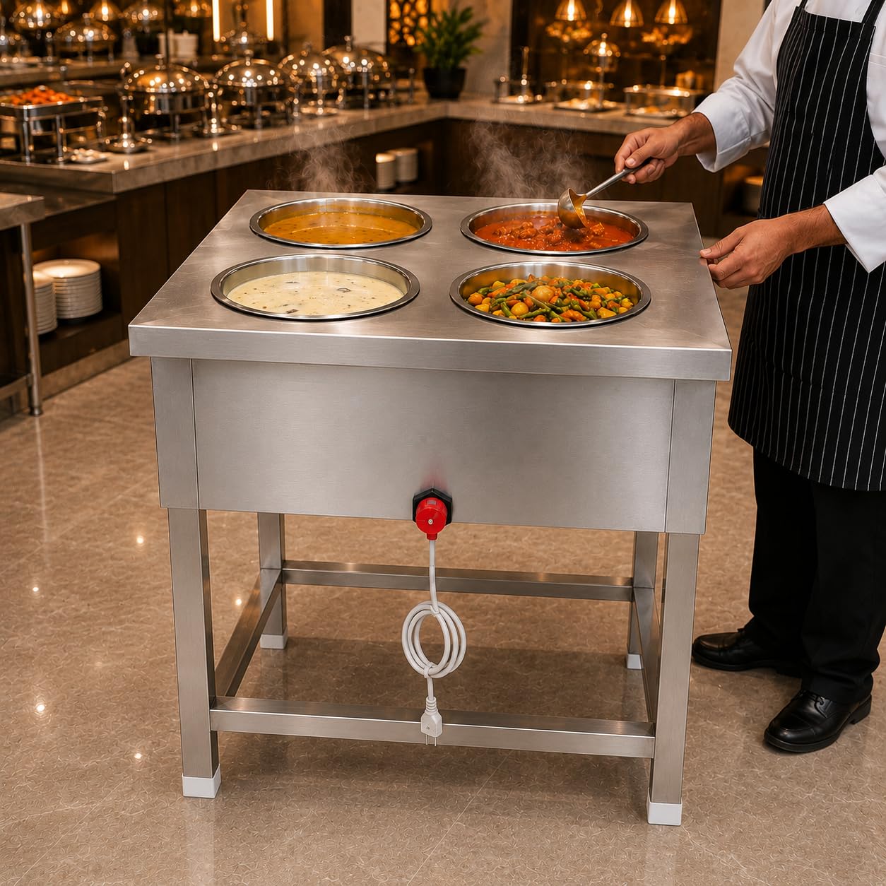 Gurubhai Equipments 4 Pot Electric Bain Marie Commercial Food Warmer Stainless Steel Steam Table Buffet Counter for Restaurant Catering